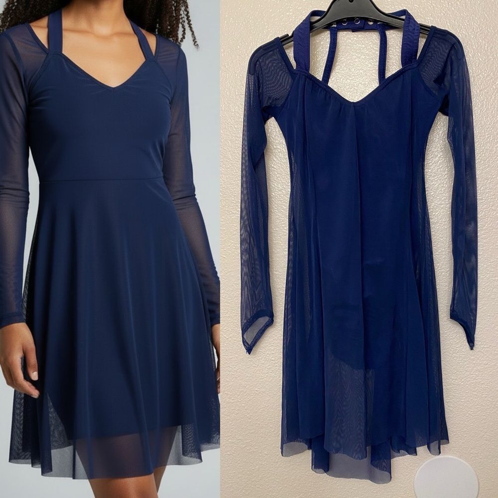 Kelle dance lyrical costume navy blue mesh dress long sleeve modest SA adult